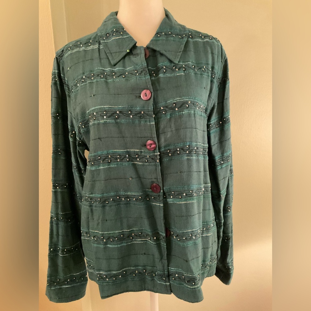 Coldwater Creek Forest Green Striped  Embellished Button-Down Shirt/jacket Med